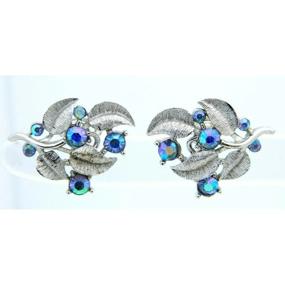 VTG CROWN TRIFARI Silver Tone Blue AB Rhinestone Flower Leaf Clip Earrings - Picture 1 of 4